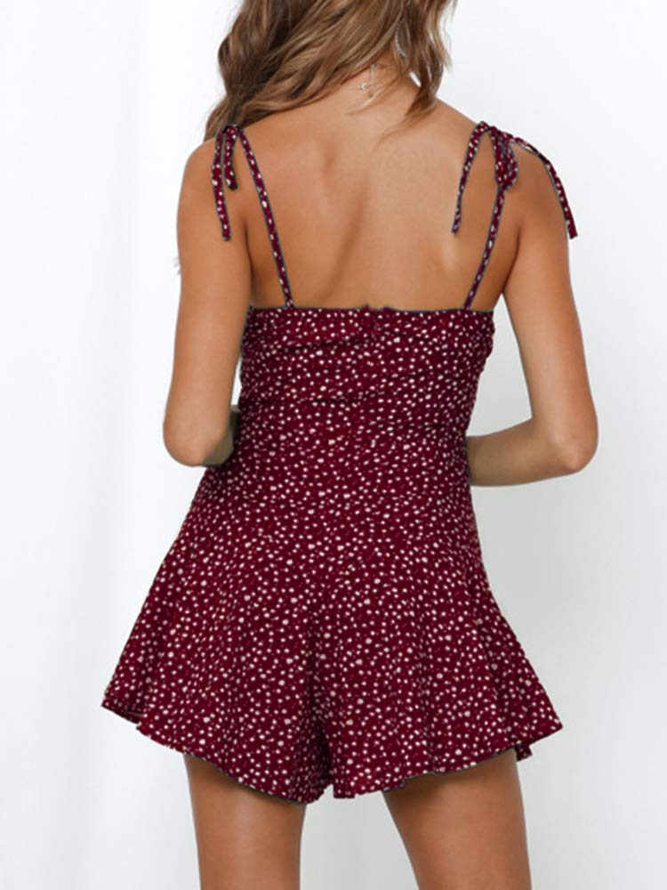 Jeanewpole1 Womens Summer Spaghetti Strap Jumpsuit Casual Flower Printed Beach Short Romper Wine Red - Image 2